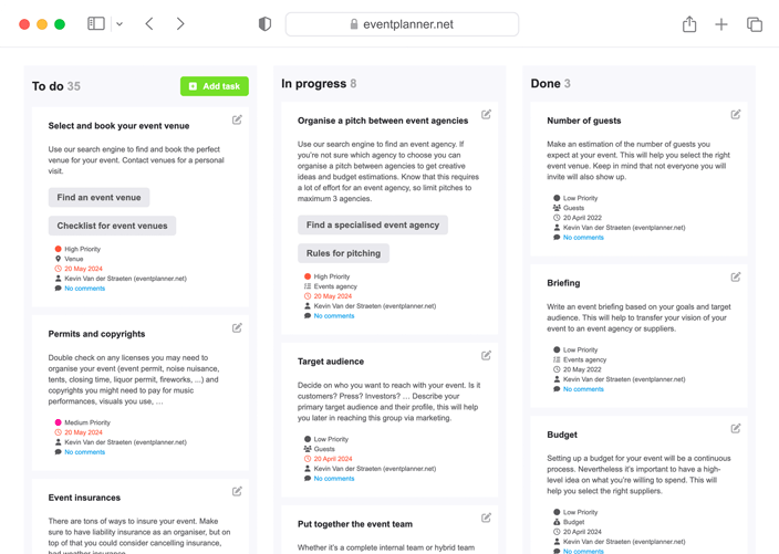 Captura de pantalla del software de eventos eventplanner.net.