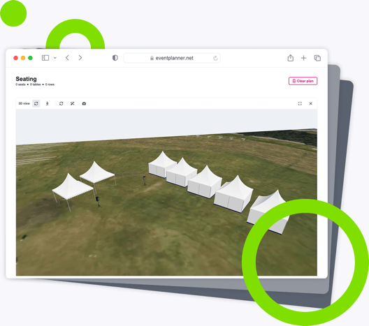 Un recinto de festival en 3D sobre un mapa satélite, con carpas de mercado abiertas, carpas con paredes y altavoces.