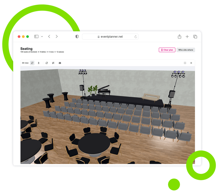 La vista 3D en el software de eventos de eventplanner.net: filas de sillas y mesas redondas frente a un escenario con un piano de cola.