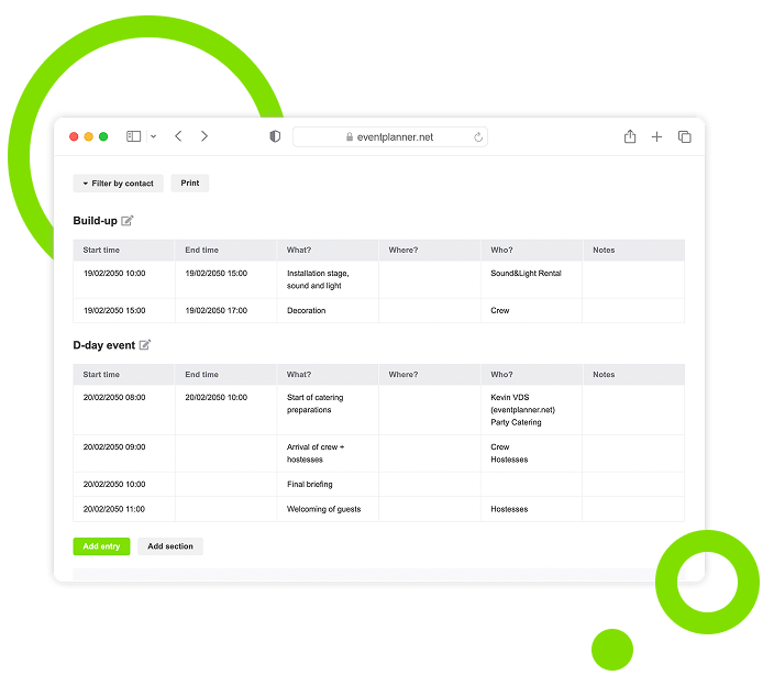 Captura de pantalla de la función Hojas de llamadas de eventplanner.net.