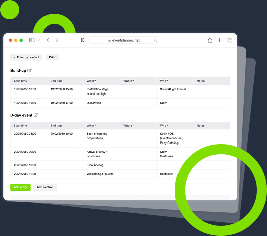 Captura de pantalla de un resumen de eventos creado con el software de eventos eventplanner.net.