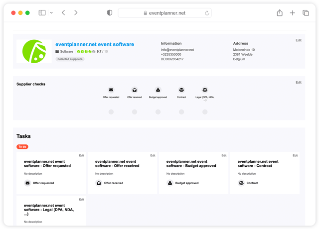 Interfaz de proveedores que muestra el panel de control para administrar un proveedor o lugar de eventos.