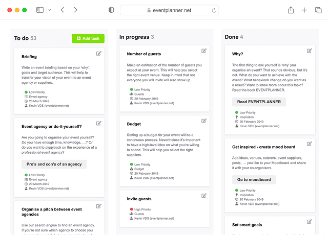 Interfaz de listas de verificación que muestra las funciones de las tareas pendientes del evento