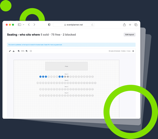 Captura de pantalla de un plano de asientos ya finalizado en el software de eventos de eventplanner.net.