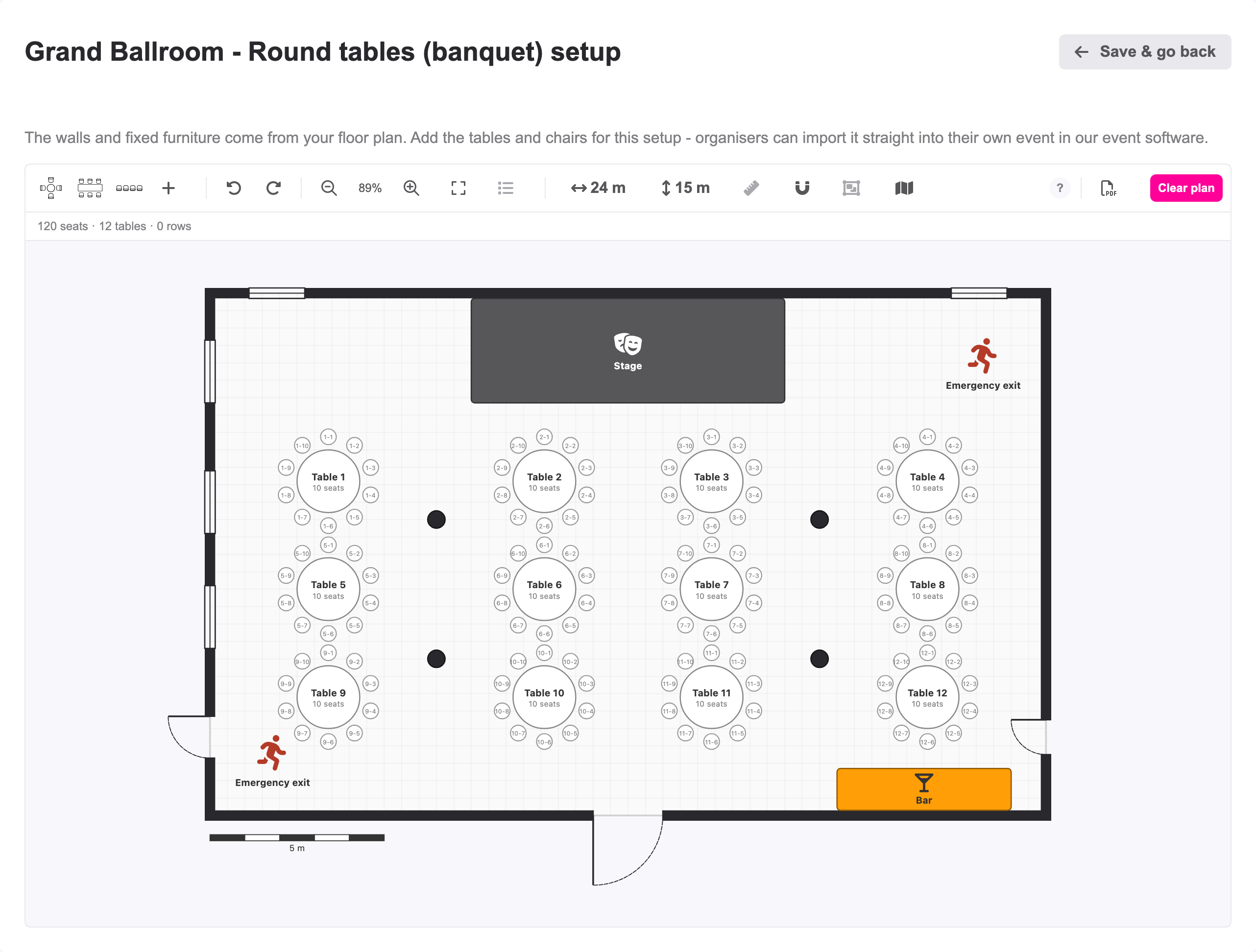 La configuración de mesas redondas: las mesas dibujadas encima del plano de sala