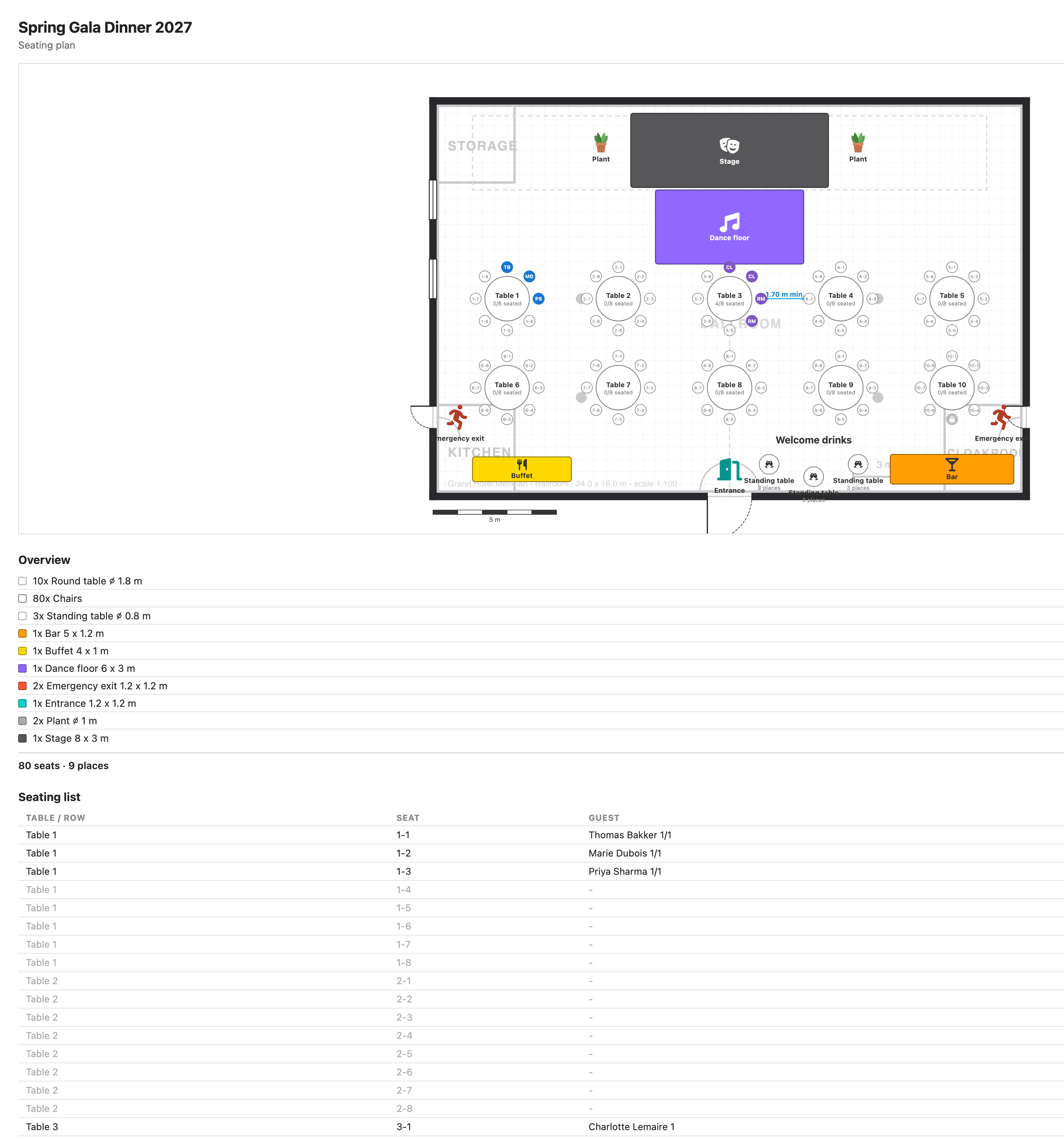 La vista de impresión, con el plano y la lista de asientos