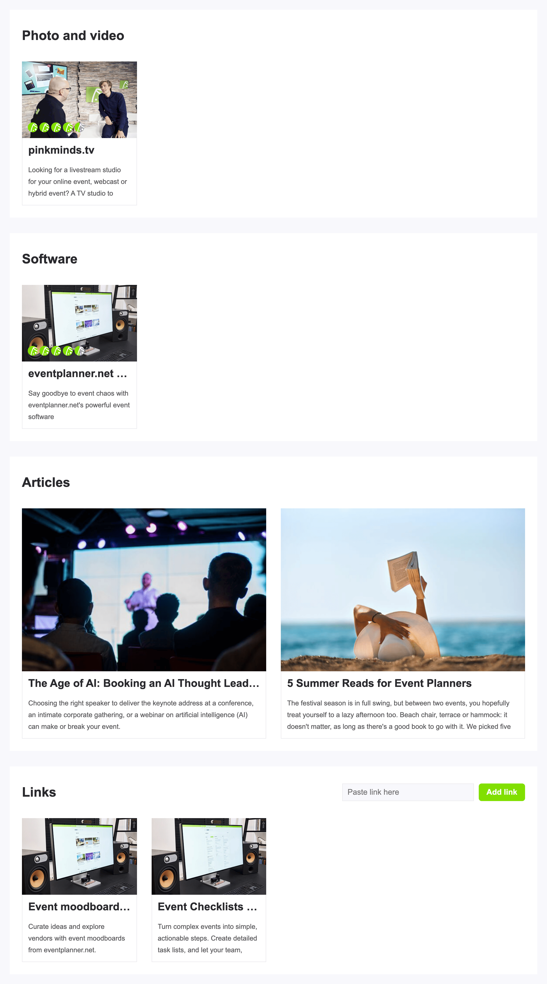 Un tablero de inspiración con empresas agrupadas por categoría, artículos y enlaces