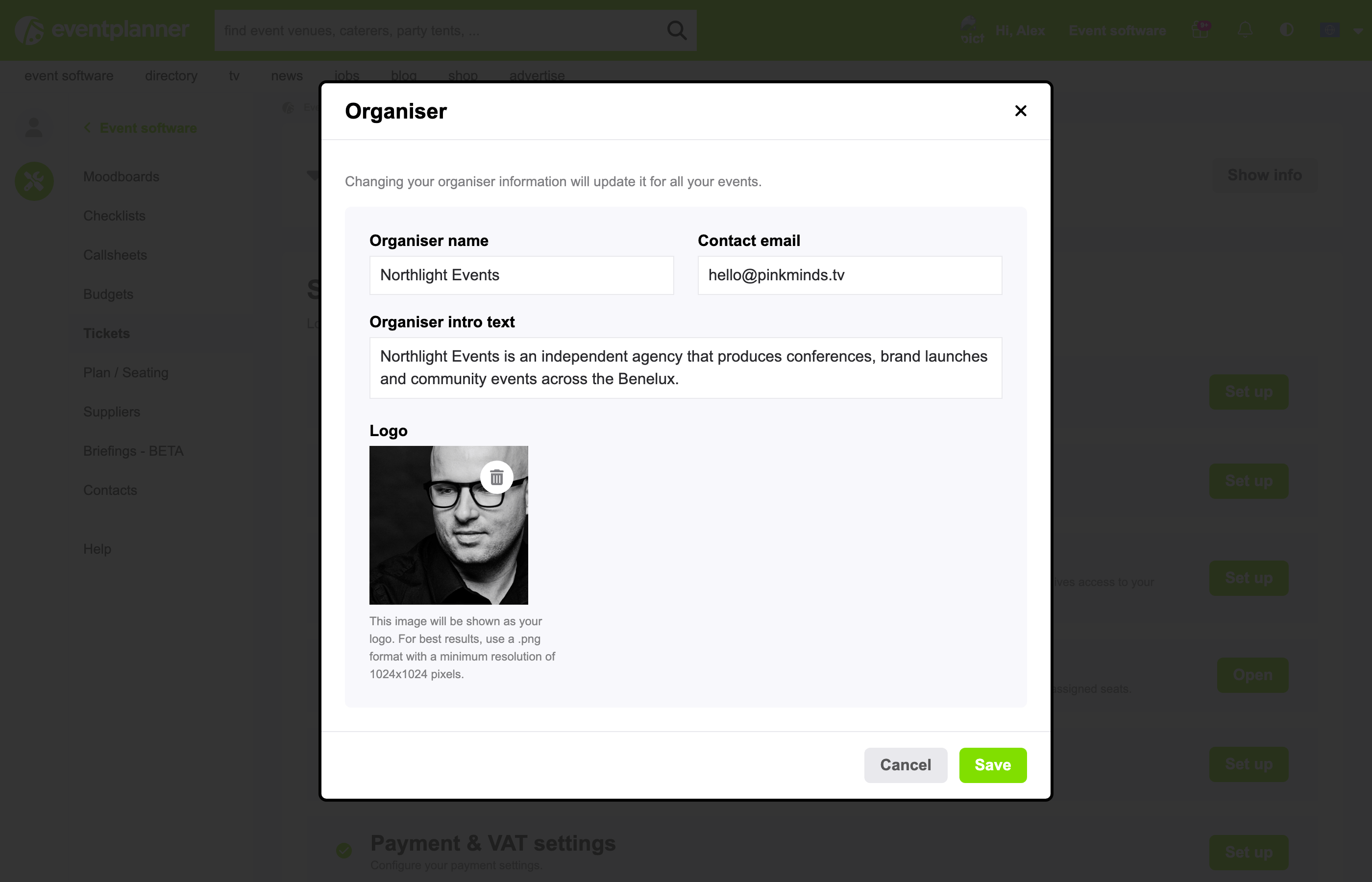 Los ajustes del perfil de organizador
