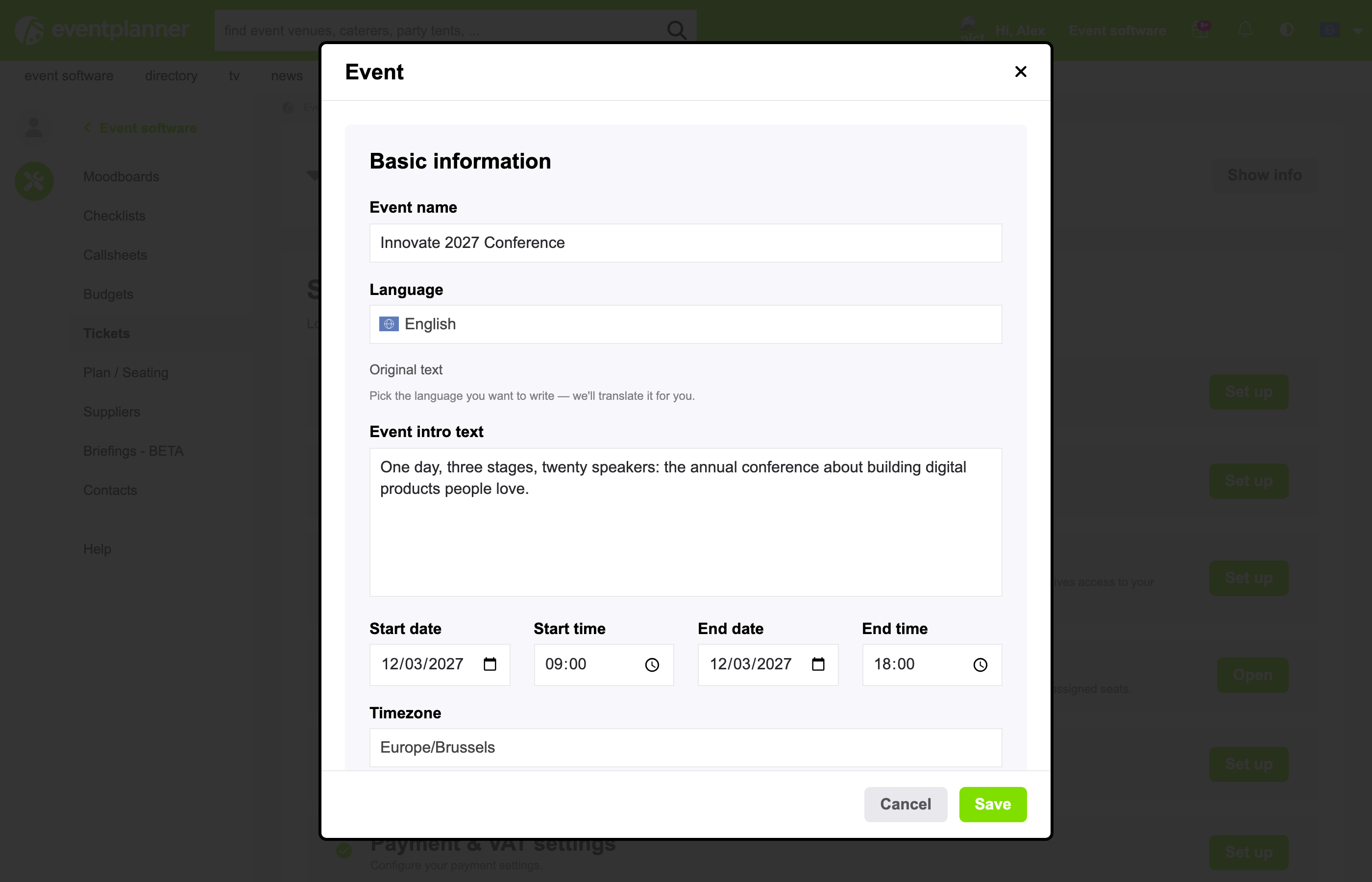 Los ajustes del evento