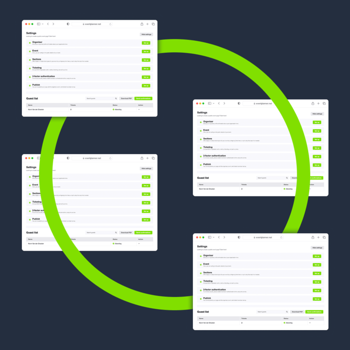 Varias capturas de pantalla pequeñas del software de eventos eventplanner.net.